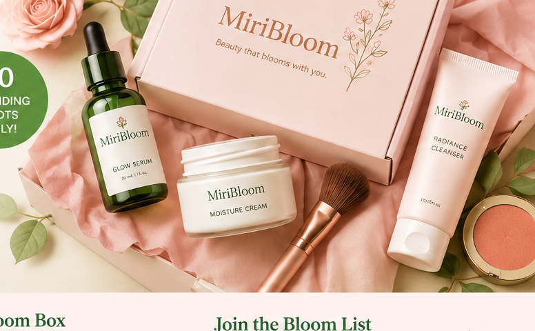 MiriBloom beauty products with soft blush florals
